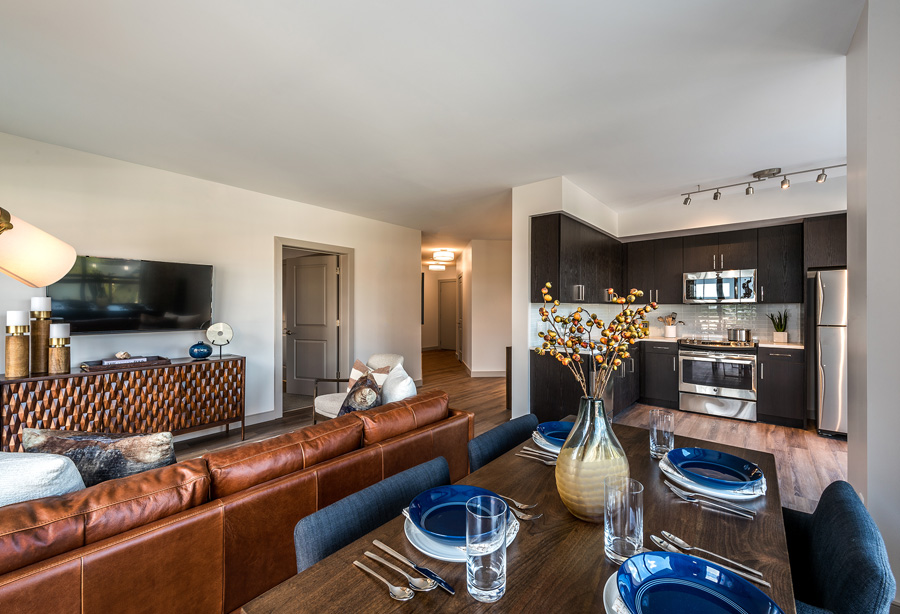 Porter Street Apartments Sample Living, Dining, and Kitchen