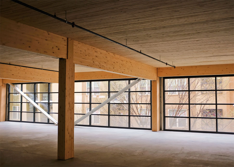Interior view of Baltimore heavy-timber office building project by 28Walker